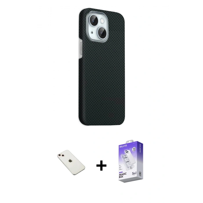 MARSİLYAN™- iPhone 14 Kılıf Kozmos Klasik Prime - Siyah Bilvis 5in1 3D Magic Cam Ekran Koruyucu + Diamond Kamera Lens - PE