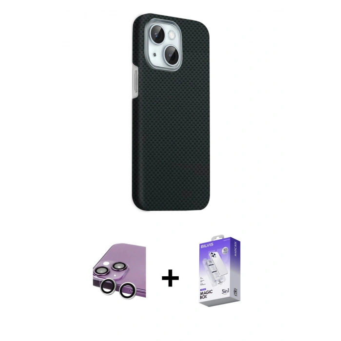 MARSİLYAN™- iPhone 14 Kılıf Kozmos Klasik Prime - Siyah Bilvis 5in1 3D Magic Cam Ekran Koruyucu + Raze Metal Kamera Lens - GS
