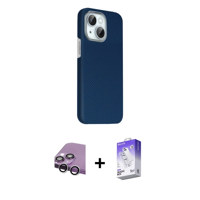 MARSİLYAN™- iPhone 14 Kılıf Kozmos Klasik Prime - Siyah Bilvis 5in1 3D Magic Cam Ekran Koruyucu + Raze Metal Kamera Lens - GS