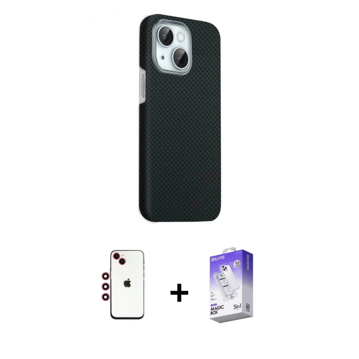 MARSİLYAN™- iPhone 14 Kılıf Kozmos Klasik Prime - Siyah Bilvis 5in1 3D Magic Cam Ekran Koruyucu + Shine Kamera Lens - KI