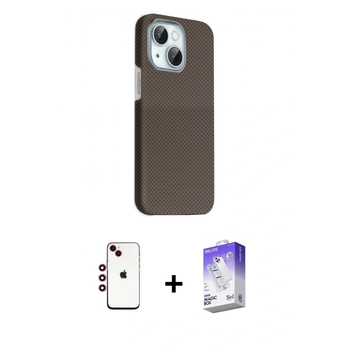 MARSİLYAN™- iPhone 14 Kılıf Kozmos Klasik Prime - Siyah Bilvis 5in1 3D Magic Cam Ekran Koruyucu + Shine Kamera Lens - KI