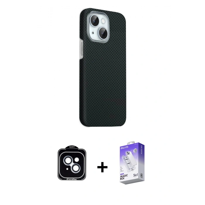 MARSİLYAN™- iPhone 14 Kılıf Kozmos Klasik Prime - Siyah Bilvis 5in1 3D Magic Cam Ekran Koruyucu + PVD Metal Kamera Lens - MI