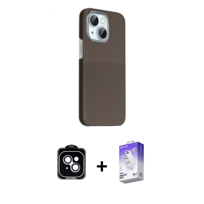 MARSİLYAN™- iPhone 14 Kılıf Kozmos Klasik Prime - Siyah Bilvis 5in1 3D Magic Cam Ekran Koruyucu + PVD Metal Kamera Lens - MI
