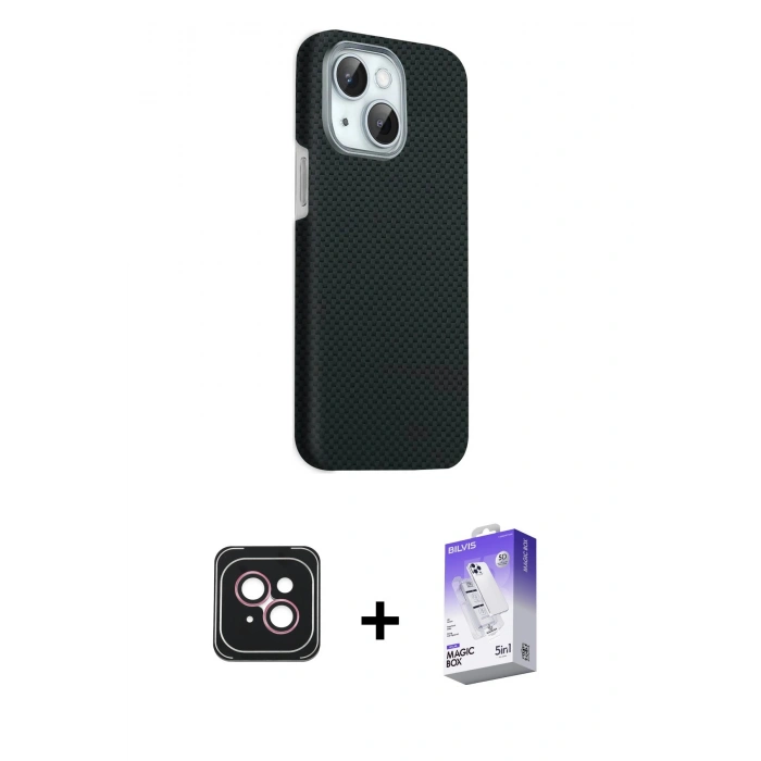 MARSİLYAN™- iPhone 14 Kılıf Kozmos Klasik Prime - Siyah Bilvis 5in1 3D Magic Cam Ekran Koruyucu + PVD Metal Kamera Lens - PE