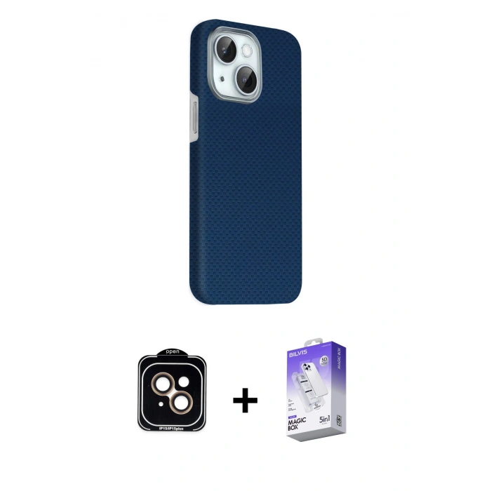 MARSİLYAN™- iPhone 14 Kılıf Kozmos Klasik Prime - Siyah Bilvis 5in1 3D Magic Cam Ekran Koruyucu + PVD Metal Kamera Lens - TU