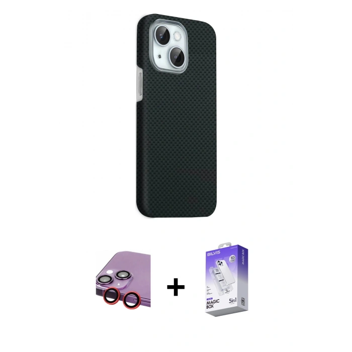 MARSİLYAN™- iPhone 14 Kılıf Kozmos Klasik Prime - Siyah Bilvis 5in1 3D Magic Cam Ekran Koruyucu + Raze Metal Kamera Lens - KI