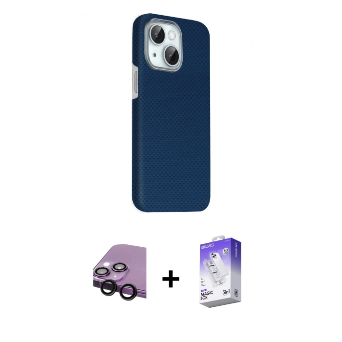 MARSİLYAN™- iPhone 14 Kılıf Kozmos Klasik Prime - Siyah Bilvis 5in1 3D Magic Cam Ekran Koruyucu + Raze Metal Kamera Lens - SH