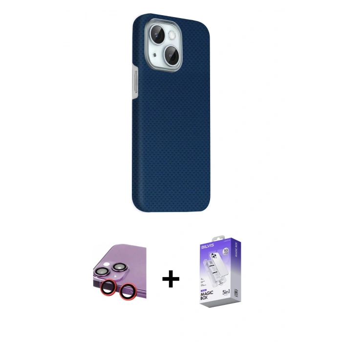MARSİLYAN™- iPhone 14 Kılıf Kozmos Klasik Prime - Siyah Bilvis 5in1 3D Magic Cam Ekran Koruyucu + Raze Metal Kamera Lens - KI