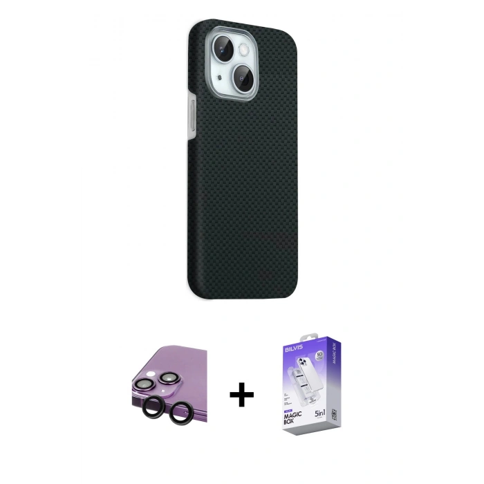 MARSİLYAN™- iPhone 14 Kılıf Kozmos Klasik Prime - Siyah Bilvis 5in1 3D Magic Cam Ekran Koruyucu + Raze Metal Kamera Lens - SH