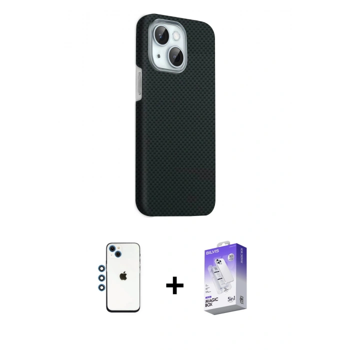 MARSİLYAN™- iPhone 14 Kılıf Kozmos Klasik Prime - Siyah Bilvis 5in1 3D Magic Cam Ekran Koruyucu + Shine Kamera Lens - MI