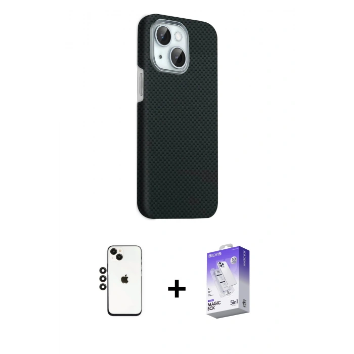 MARSİLYAN™- iPhone 14 Kılıf Kozmos Klasik Prime - Siyah Bilvis 5in1 3D Magic Cam Ekran Koruyucu + Shine Kamera Lens - SH