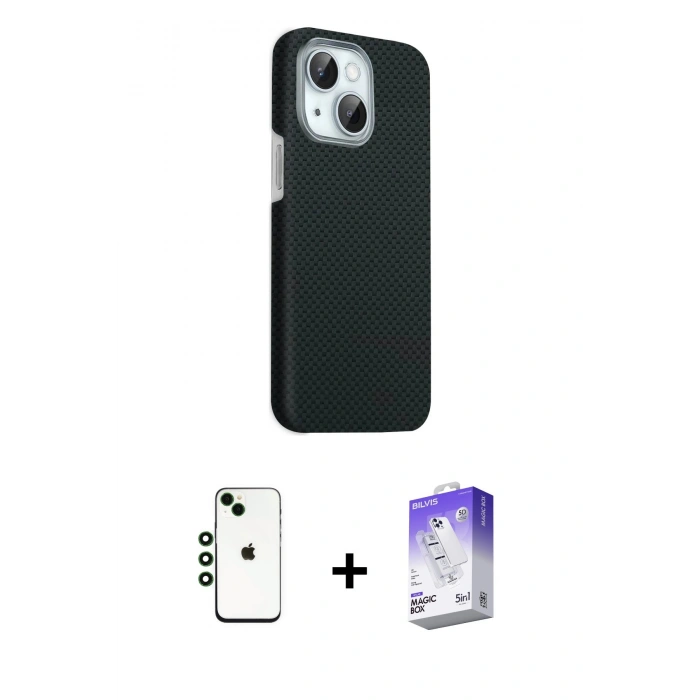 MARSİLYAN™- iPhone 14 Kılıf Kozmos Klasik Prime - Siyah Bilvis 5in1 3D Magic Cam Ekran Koruyucu + Shine Kamera Lens - YL
