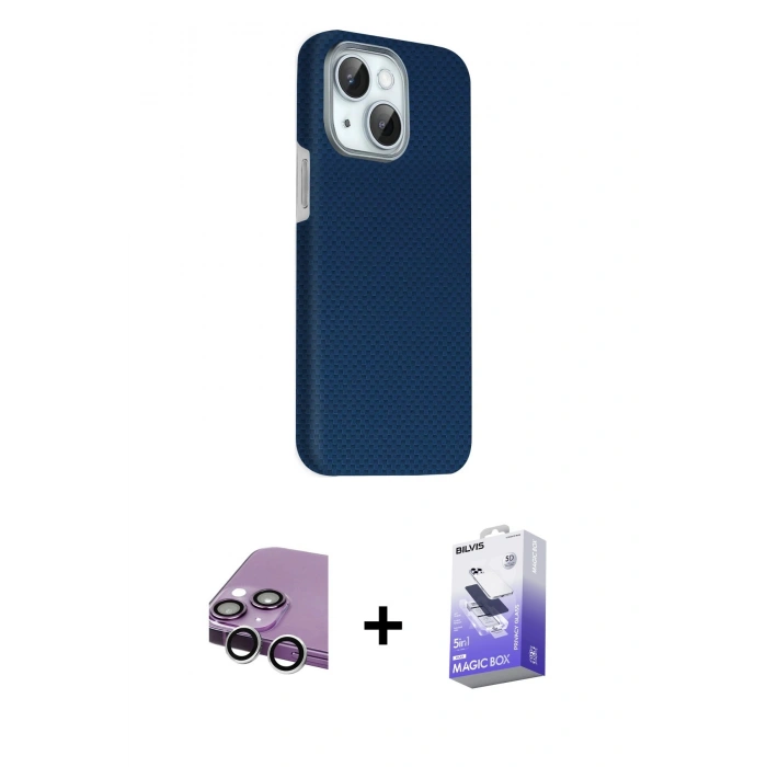 MARSİLYAN™- iPhone 14 Kılıf Kozmos Klasik Prime - Siyah Bilvis 5in1 5D Magic Hayalet Cam Ekran Koruyucu + Raze Metal Kamera Lens - GS