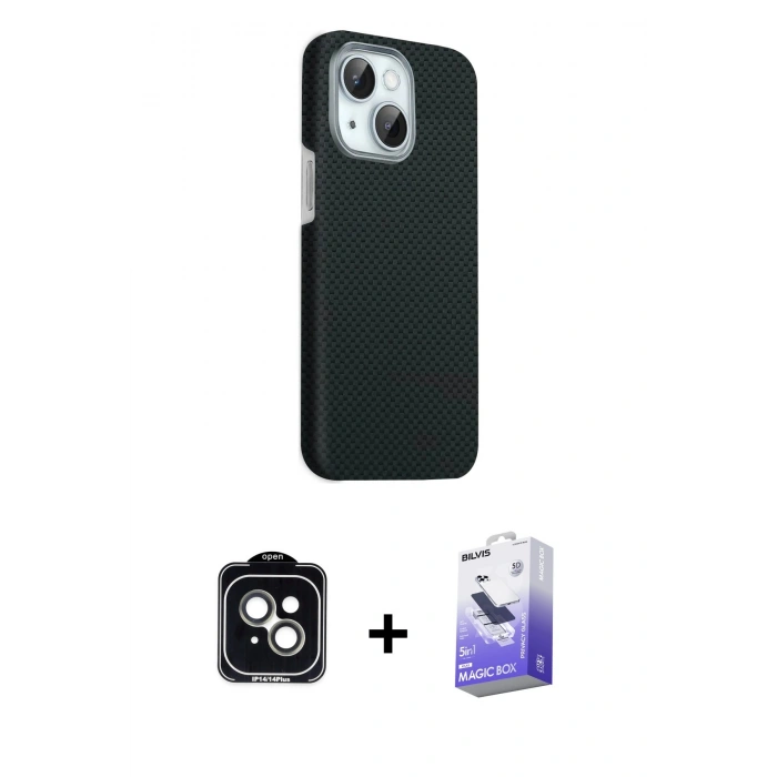 MARSİLYAN™- iPhone 14 Kılıf Kozmos Klasik Prime - Siyah Bilvis 5in1 5D Magic Hayalet Cam Ekran Koruyucu + PVD Metal Kamera Lens - YL
