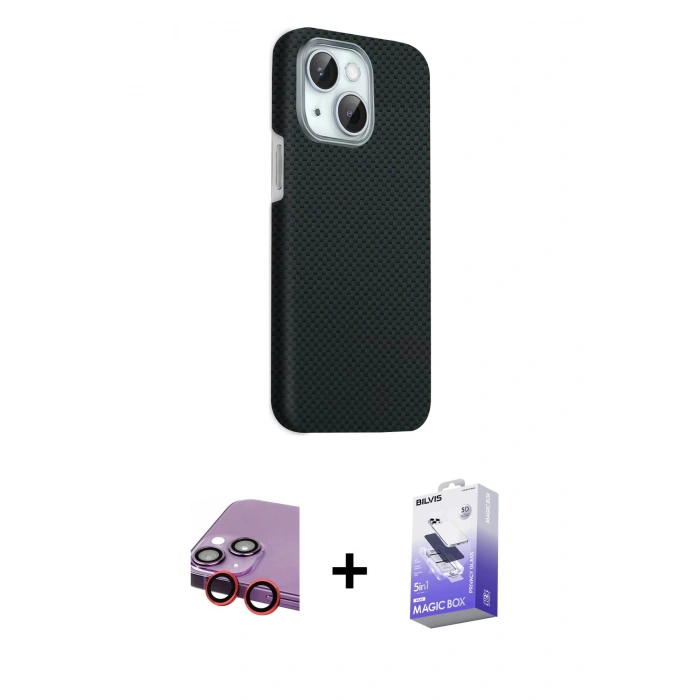 MARSİLYAN™- iPhone 14 Kılıf Kozmos Klasik Prime - Siyah Bilvis 5in1 5D Magic Hayalet Cam Ekran Koruyucu + Raze Metal Kamera Lens - KI