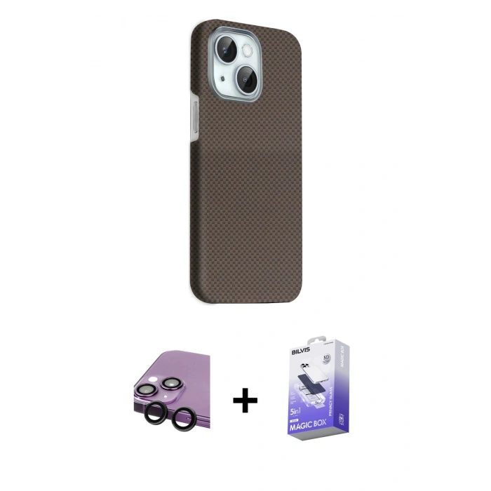 MARSİLYAN™- iPhone 14 Kılıf Kozmos Klasik Prime - Siyah Bilvis 5in1 5D Magic Hayalet Cam Ekran Koruyucu + Raze Metal Kamera Lens - SH