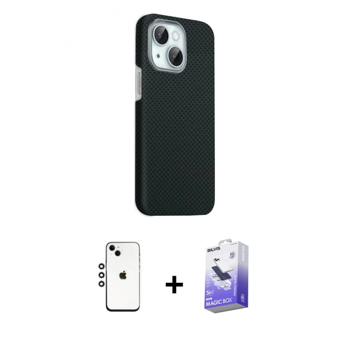 MARSİLYAN™- iPhone 14 Kılıf Kozmos Klasik Prime - Siyah Bilvis 5in1 5D Magic Hayalet Cam Ekran Koruyucu + Shine Kamera Lens - GS