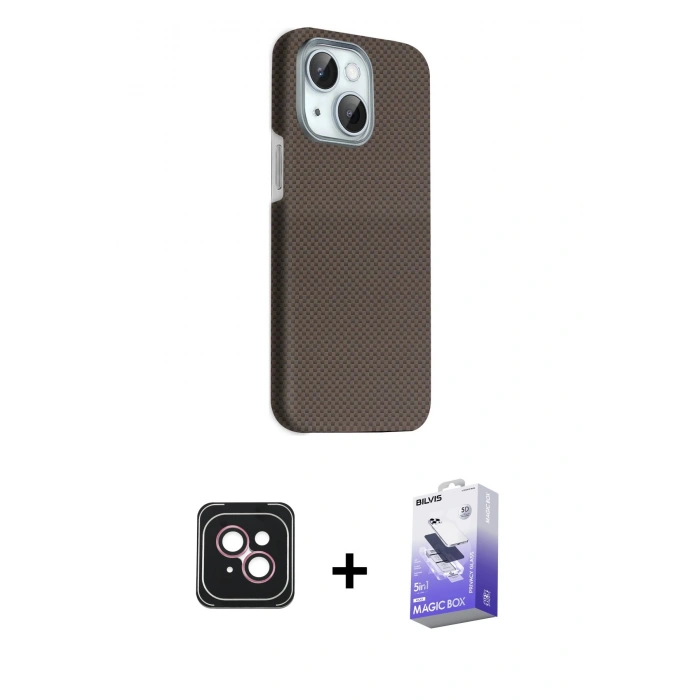 MARSİLYAN™- iPhone 14 Kılıf Kozmos Klasik Prime - Siyah Bilvis 5in1 5D Magic Hayalet Cam Ekran Koruyucu + PVD Metal Kamera Lens - PE