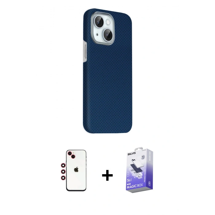 MARSİLYAN™- iPhone 14 Kılıf Kozmos Klasik Prime - Siyah Bilvis 5in1 5D Magic Hayalet Cam Ekran Koruyucu + Shine Kamera Lens - KI
