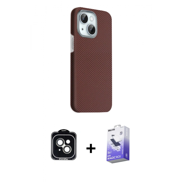 MARSİLYAN™- iPhone 14 Kılıf Kozmos Klasik Prime - Siyah Bilvis 5in1 5D Magic Hayalet Cam Ekran Koruyucu + PVD Metal Kamera Lens - YL