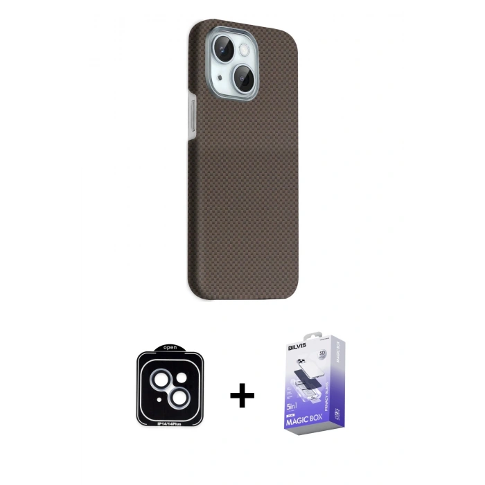 MARSİLYAN™- iPhone 14 Kılıf Kozmos Klasik Prime - Siyah Bilvis 5in1 5D Magic Hayalet Cam Ekran Koruyucu + PVD Metal Kamera Lens - MI