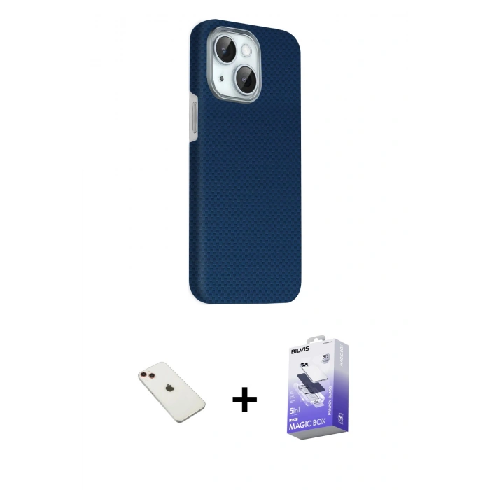 MARSİLYAN™- iPhone 14 Kılıf Kozmos Klasik Prime - Siyah Bilvis 5in1 5D Magic Hayalet Cam Ekran Koruyucu + Diamond Kamera Lens - KI