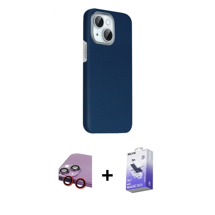 MARSİLYAN™- iPhone 14 Kılıf Kozmos Klasik Prime - Siyah Bilvis 5in1 5D Magic Hayalet Cam Ekran Koruyucu + Raze Metal Kamera Lens - KI