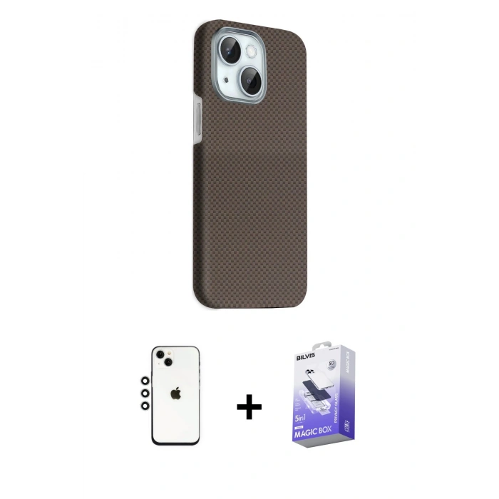 MARSİLYAN™- iPhone 14 Kılıf Kozmos Klasik Prime - Siyah Bilvis 5in1 5D Magic Hayalet Cam Ekran Koruyucu + Shine Kamera Lens - GS
