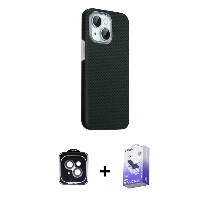 MARSİLYAN™- iPhone 14 Kılıf Kozmos Klasik Prime - Siyah Bilvis 5in1 5D Magic Hayalet Cam Ekran Koruyucu + PVD Metal Kamera Lens - SH