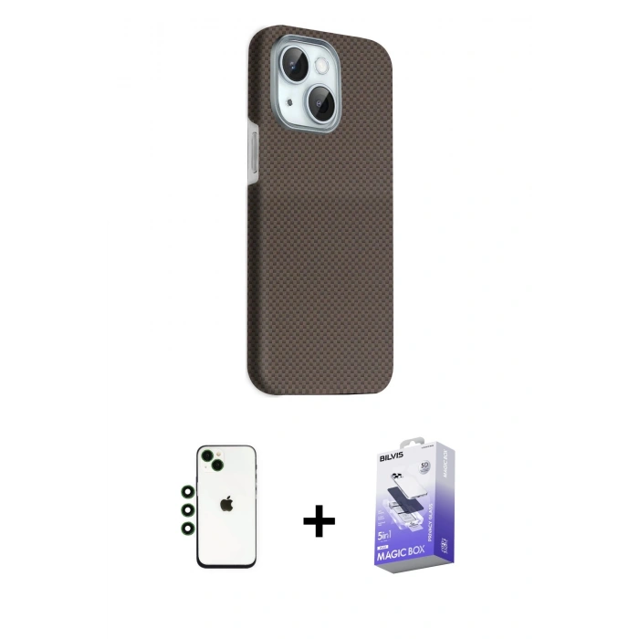MARSİLYAN™- iPhone 14 Kılıf Kozmos Klasik Prime - Siyah Bilvis 5in1 5D Magic Hayalet Cam Ekran Koruyucu + Yeşil Shine Kamera Lens