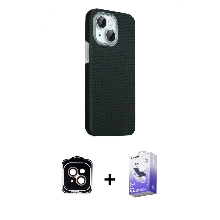 MARSİLYAN™- iPhone 14 Kılıf Kozmos Klasik Prime - Siyah Bilvis 5in1 5D Magic Hayalet Cam Ekran Koruyucu + PVD Metal Kamera Lens - TU