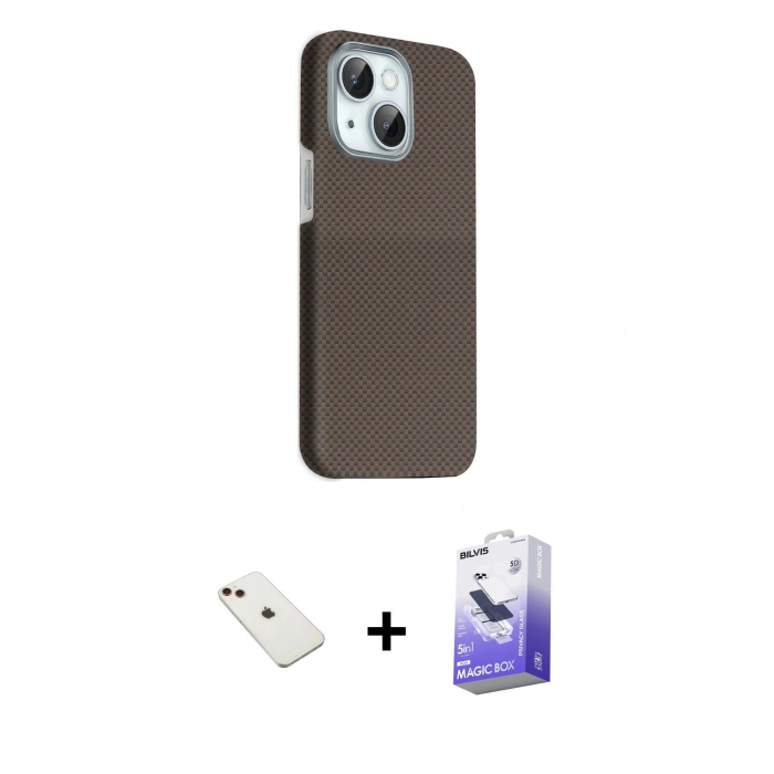 MARSİLYAN™- iPhone 14 Kılıf Kozmos Klasik Prime - Siyah Bilvis 5in1 5D Magic Hayalet Cam Ekran Koruyucu + Diamond Kamera Lens - KI