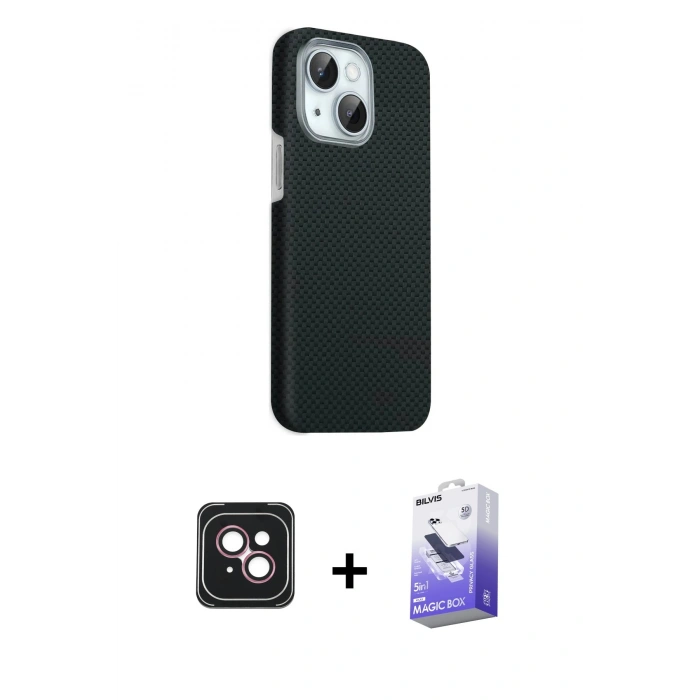 MARSİLYAN™- iPhone 14 Kılıf Kozmos Klasik Prime - Siyah Bilvis 5in1 5D Magic Hayalet Cam Ekran Koruyucu + PVD Metal Kamera Lens - PE