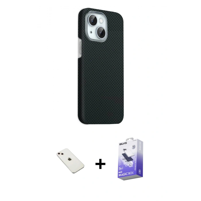 MARSİLYAN™- iPhone 14 Kılıf Kozmos Klasik Prime - Siyah Bilvis 5in1 5D Magic Hayalet Cam Ekran Koruyucu + Pembe Diamond Kamera Lens