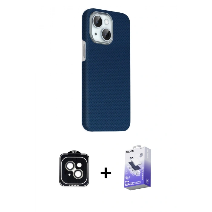 MARSİLYAN™- iPhone 14 Kılıf Kozmos Klasik Prime - Siyah Bilvis 5in1 5D Magic Hayalet Cam Ekran Koruyucu + PVD Metal Kamera Lens - YL
