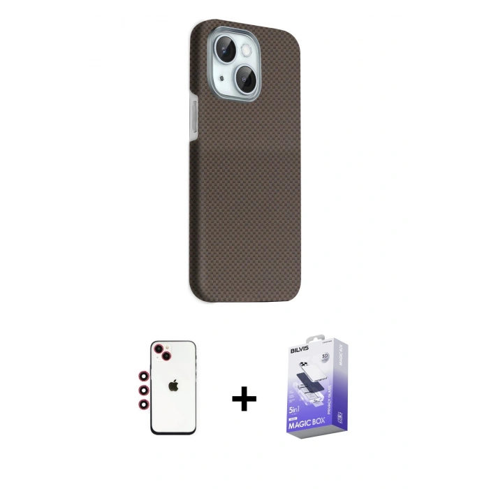 MARSİLYAN™- iPhone 14 Kılıf Kozmos Klasik Prime - Siyah Bilvis 5in1 5D Magic Hayalet Cam Ekran Koruyucu + Shine Kamera Lens - KI