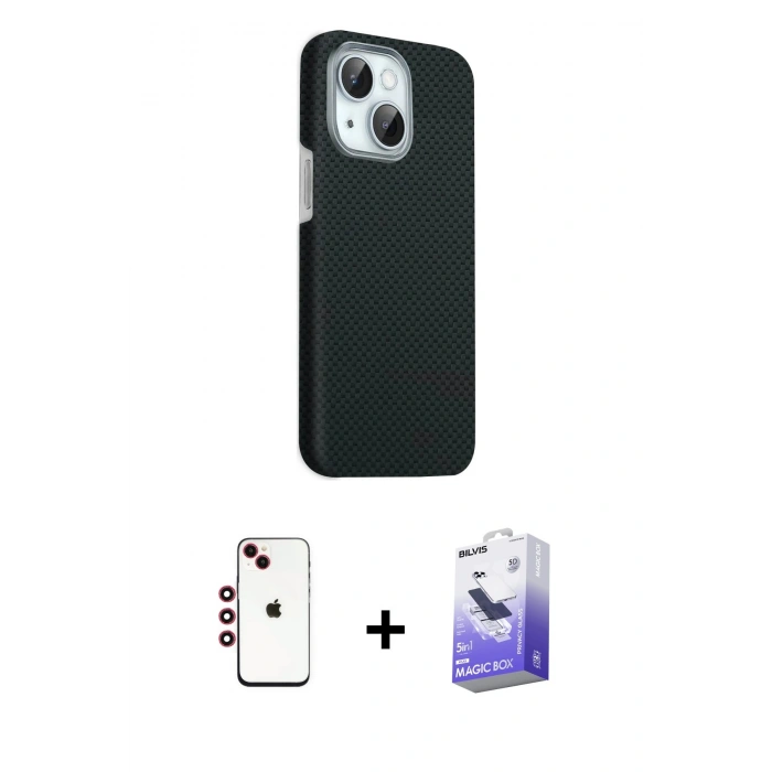 MARSİLYAN™- iPhone 14 Kılıf Kozmos Klasik Prime - Siyah Bilvis 5in1 5D Magic Hayalet Cam Ekran Koruyucu + Shine Kamera Lens - KI
