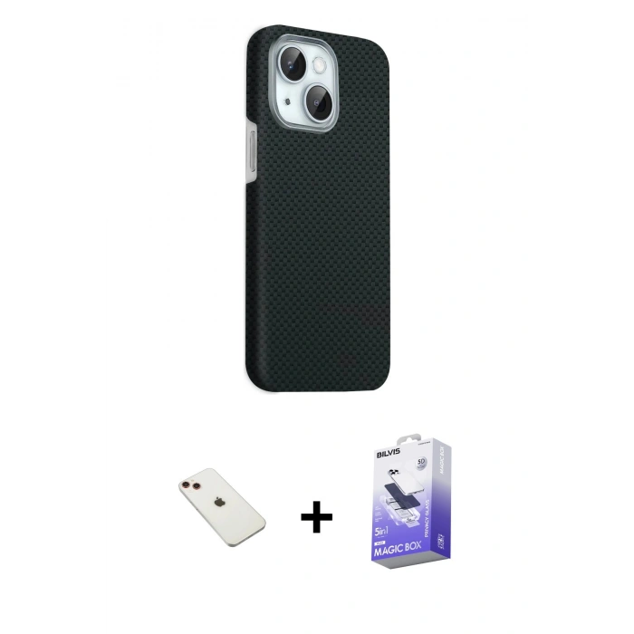 MARSİLYAN™- iPhone 14 Kılıf Kozmos Klasik Prime - Siyah Bilvis 5in1 5D Magic Hayalet Cam Ekran Koruyucu + Diamond Kamera Lens - KI