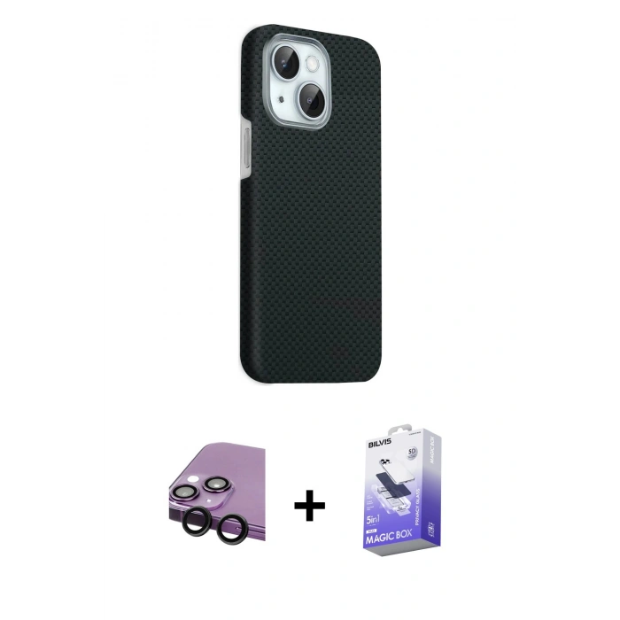MARSİLYAN™- iPhone 14 Kılıf Kozmos Klasik Prime - Siyah Bilvis 5in1 5D Magic Hayalet Cam Ekran Koruyucu + Raze Metal Kamera Lens - SH