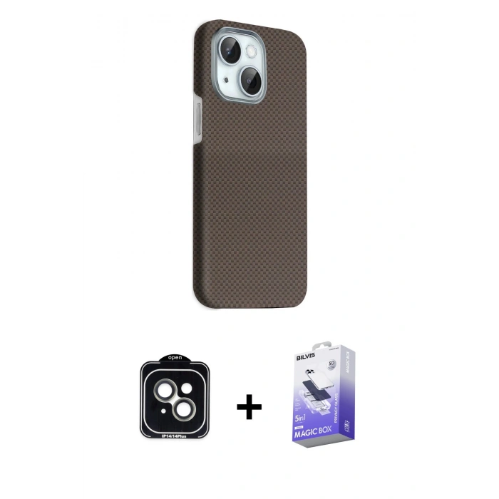 MARSİLYAN™- iPhone 14 Kılıf Kozmos Klasik Prime - Siyah Bilvis 5in1 5D Magic Hayalet Cam Ekran Koruyucu + PVD Metal Kamera Lens - YL