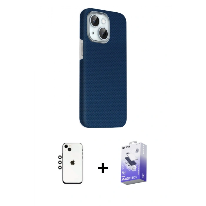 MARSİLYAN™- iPhone 14 Kılıf Kozmos Klasik Prime - Siyah Bilvis 5in1 5D Magic Hayalet Cam Ekran Koruyucu + Shine Kamera Lens - GS