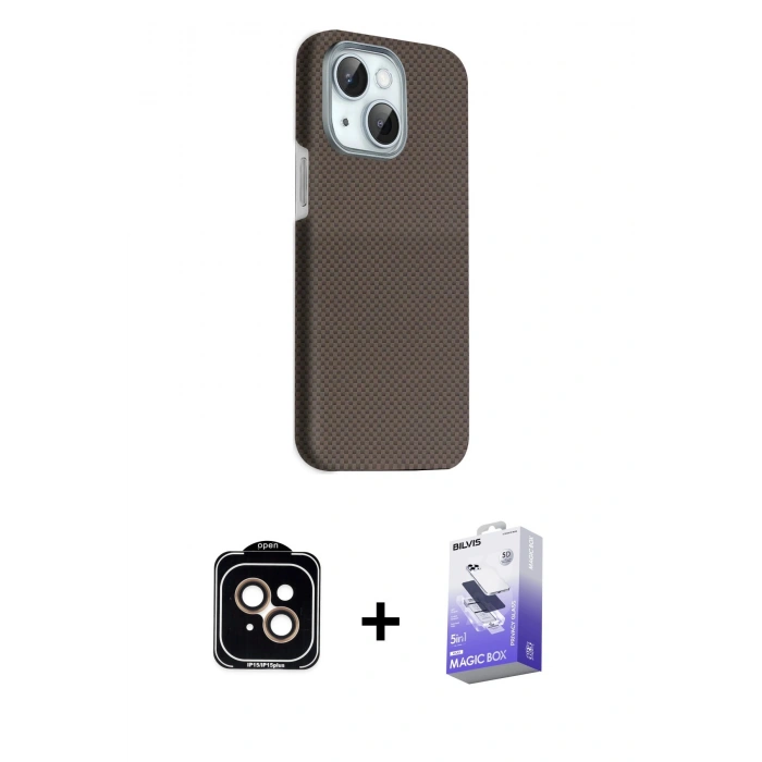 MARSİLYAN™- iPhone 14 Kılıf Kozmos Klasik Prime - Siyah Bilvis 5in1 5D Magic Hayalet Cam Ekran Koruyucu + PVD Metal Kamera Lens - TU