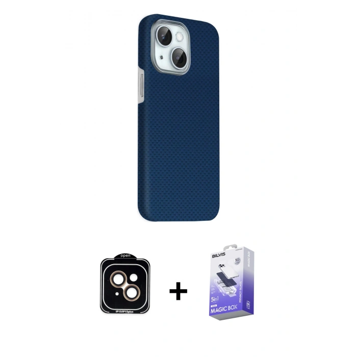 MARSİLYAN™- iPhone 14 Kılıf Kozmos Klasik Prime - Siyah Bilvis 5in1 5D Magic Hayalet Cam Ekran Koruyucu + PVD Metal Kamera Lens - TU