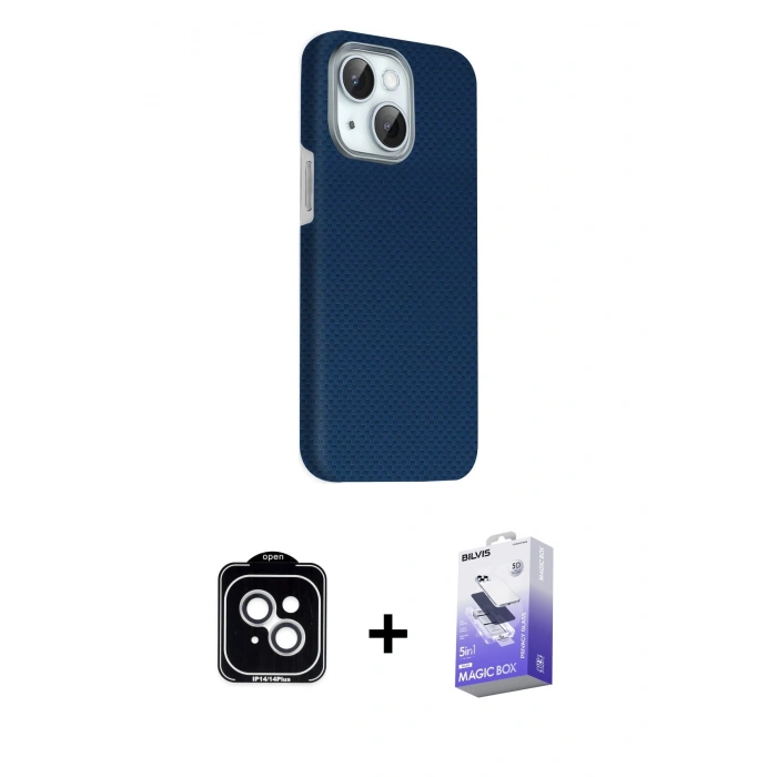 MARSİLYAN™- iPhone 14 Kılıf Kozmos Klasik Prime - Siyah Bilvis 5in1 5D Magic Hayalet Cam Ekran Koruyucu + PVD Metal Kamera Lens - GS