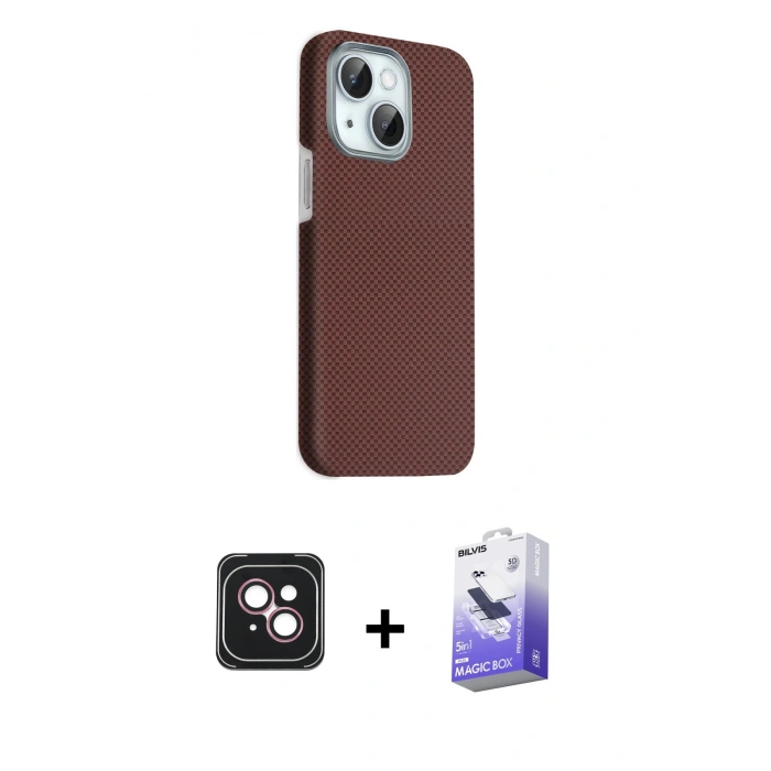 MARSİLYAN™- iPhone 14 Kılıf Kozmos Klasik Prime - Siyah Bilvis 5in1 5D Magic Hayalet Cam Ekran Koruyucu + PVD Metal Kamera Lens - PE