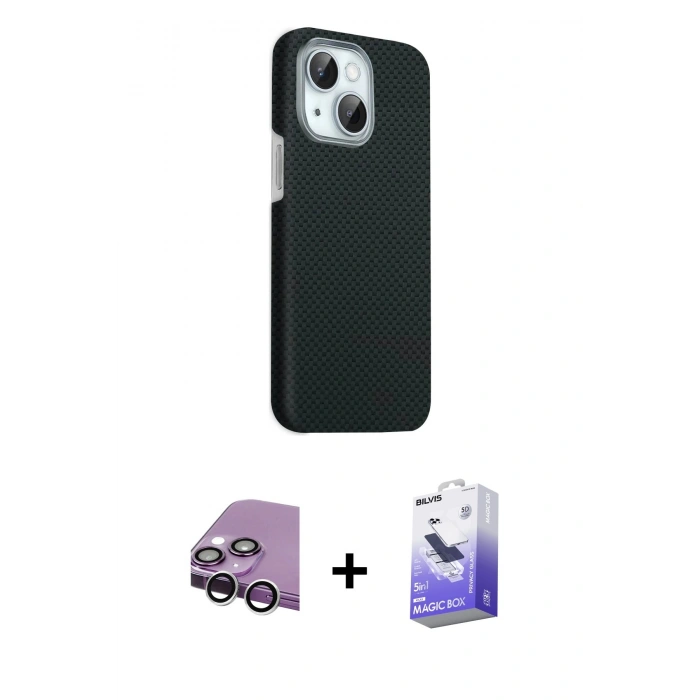 MARSİLYAN™- iPhone 14 Kılıf Kozmos Klasik Prime - Siyah Bilvis 5in1 5D Magic Hayalet Cam Ekran Koruyucu + Raze Metal Kamera Lens - GS