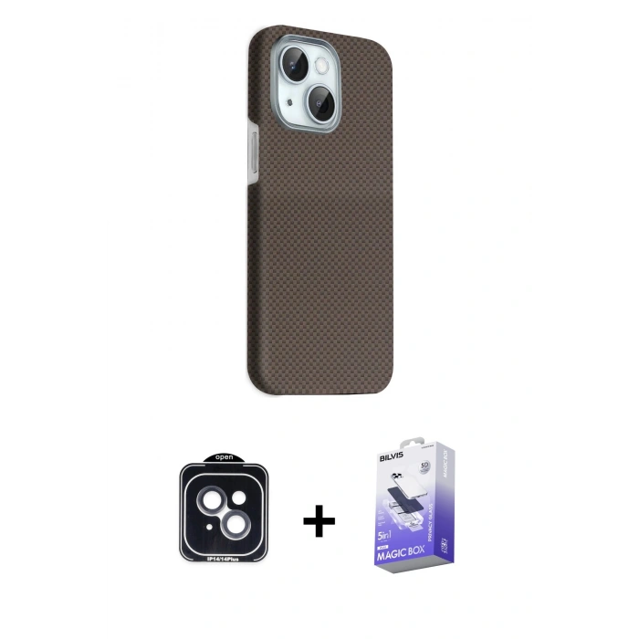 MARSİLYAN™- iPhone 14 Kılıf Kozmos Klasik Prime - Siyah Bilvis 5in1 5D Magic Hayalet Cam Ekran Koruyucu + PVD Metal Kamera Lens - SH