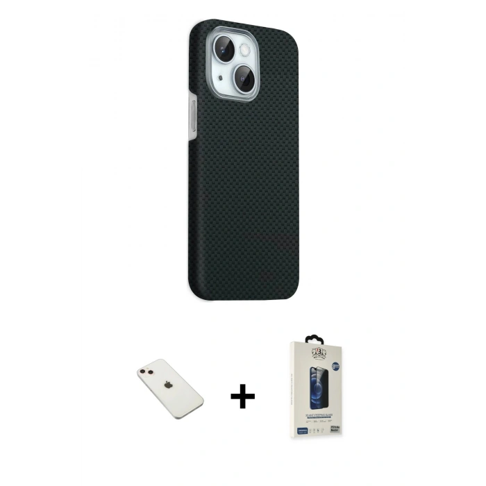 MARSİLYAN™- iPhone 14 Kılıf Kozmos Klasik Prime - Siyah Bilvis Hayalet Cam Ekran Koruyucu + Diamond Kamera Lens - PE