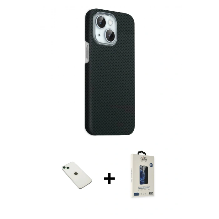 MARSİLYAN™- iPhone 14 Kılıf Kozmos Klasik Prime - Siyah Bilvis Hayalet Cam Ekran Koruyucu + Diamond Kamera Lens - YL