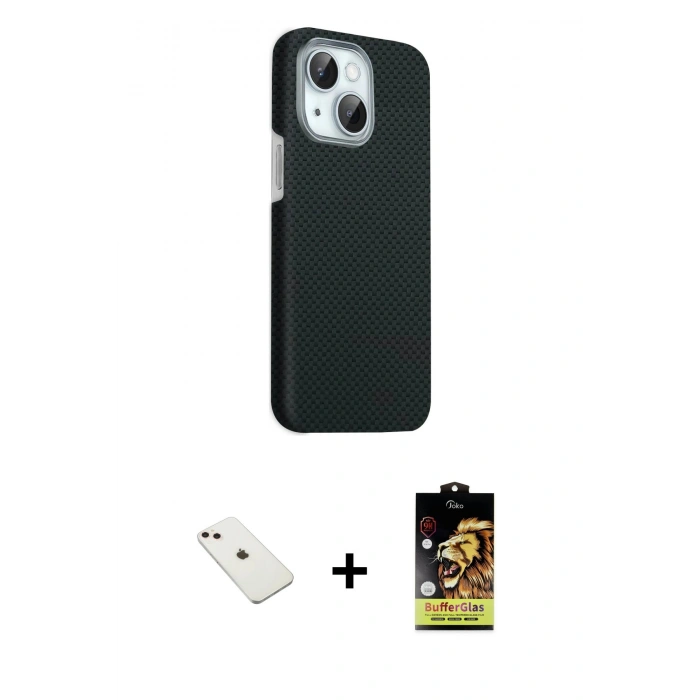 MARSİLYAN™- iPhone 14 Kılıf Kozmos Klasik Prime - Siyah Buffer Cam Ekran Koruyucu + Diamond Kamera Lens - PE